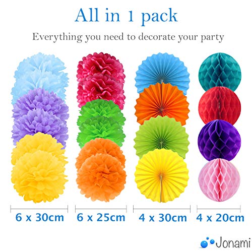 Decoracion Cumpleaños Multicolor 20 Pompones de Papel de Seda, Flores Pompom, Abanicos, Bolas de Nido de Abeja Guirnaldas. Decoración para Fiesta Carnaval -20 Piezas-