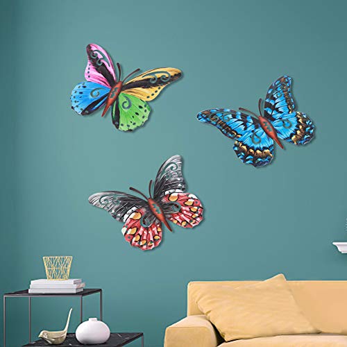 Decoración de la pared de hierro forjado decoración colorida mariposa, 3pcs mariposa de metal hogar interior al aire libre simulación colgante escultura
