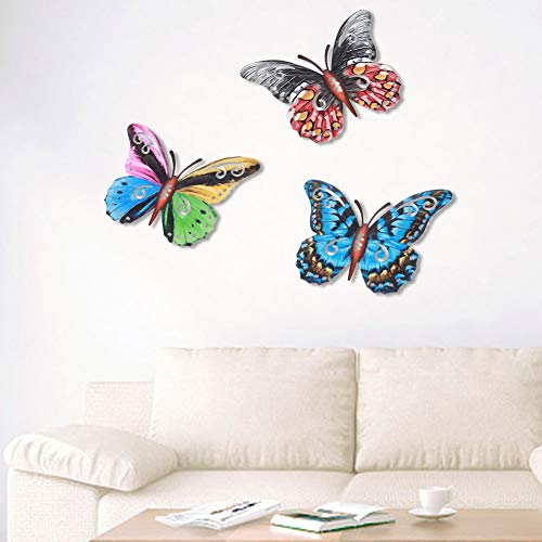 Decoración de la pared de hierro forjado decoración colorida mariposa, 3pcs mariposa de metal hogar interior al aire libre simulación colgante escultura
