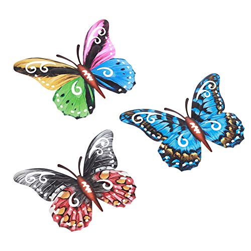 Decoración de la pared de hierro forjado decoración colorida mariposa, 3pcs mariposa de metal hogar interior al aire libre simulación colgante escultura
