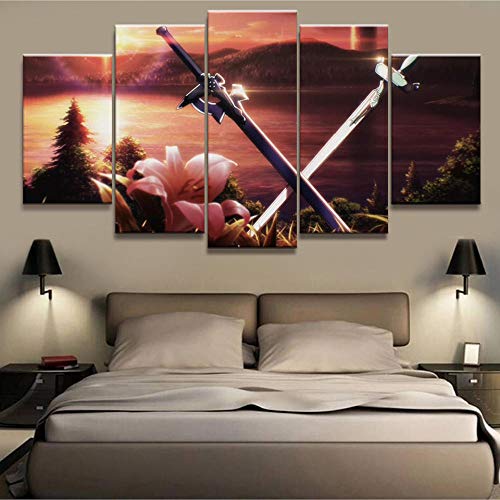 Decoración del hogar Cartel impreso en lienzo 5 piezas Sword Art Online Pintura en HD Mural Imagen moderna Sala de estar Modular 30 * 40 * 2 30 * 60 * 2 30 * 120Cm Marco Vaya