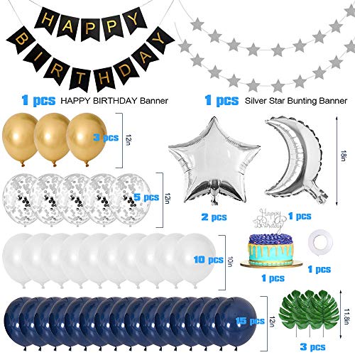 Decoraciones cumpleaños, globos blancos azul marino, globos confeti plateados, globos dorados metálicos, pancarta FELIZ CUMPLEAÑOS, pancarta plateada con estrellas, hojas de palma, adorno de pastel