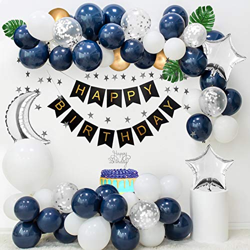 Decoraciones cumpleaños, globos blancos azul marino, globos confeti plateados, globos dorados metálicos, pancarta FELIZ CUMPLEAÑOS, pancarta plateada con estrellas, hojas de palma, adorno de pastel