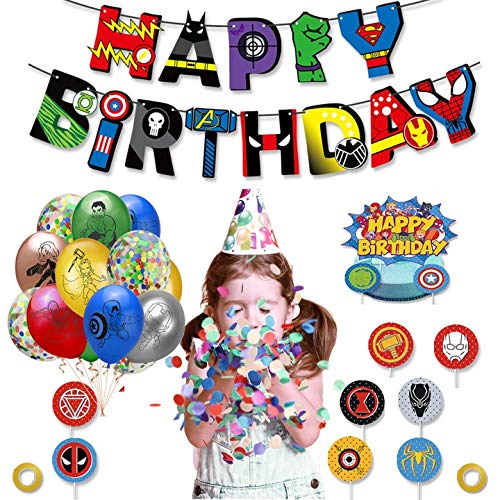 Decoraciones de fiesta de cumpleaños de superhéroe, suministros de fiesta de superhéroe, decoraciones de fiesta de superhéroe incluidas pancarta de feliz cumpleaños, globos de látex de superhéroe