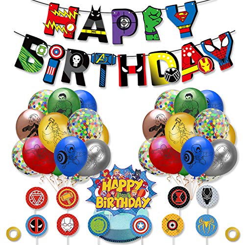 Decoraciones de fiesta de cumpleaños de superhéroe, suministros de fiesta de superhéroe, decoraciones de fiesta de superhéroe incluidas pancarta de feliz cumpleaños, globos de látex de superhéroe