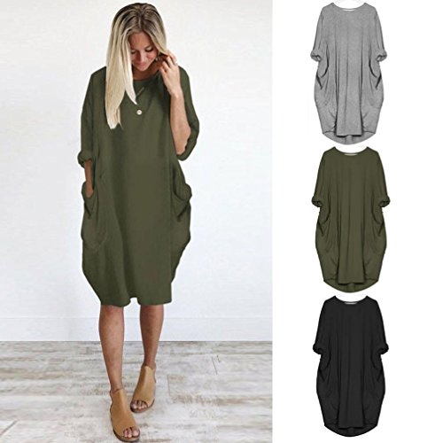DEELIN El Vestido Flojo del Bolsillo De La Manera De Las SeñOras Se Viste Alrededor del Vestido Ocasional Largo De La Camisa del Cuello Grande 2018 Popular Nuevo (M, Ejercito Verde)