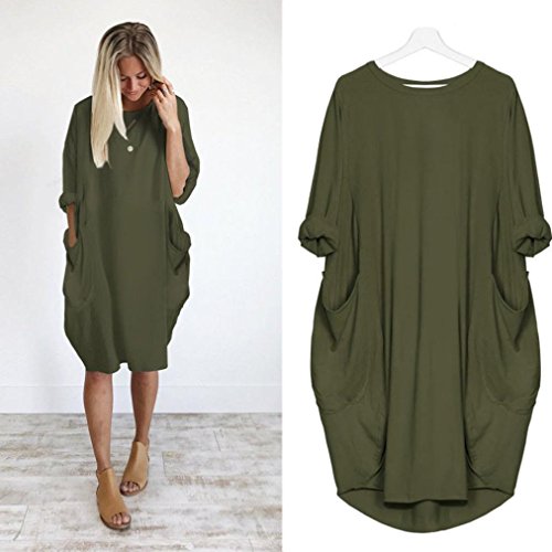DEELIN El Vestido Flojo del Bolsillo De La Manera De Las SeñOras Se Viste Alrededor del Vestido Ocasional Largo De La Camisa del Cuello Grande 2018 Popular Nuevo (M, Ejercito Verde)