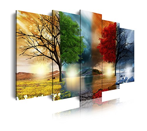 DekoArte 243 - Cuadros Modernos Impresión de Imagen Artística Digitalizada | Lienzo Decorativo para Salón o Dormitorio | Estilo Paisaje Cuatro Estaciones del año Árboles Rojo | 5 Piezas 200x100cm XXL