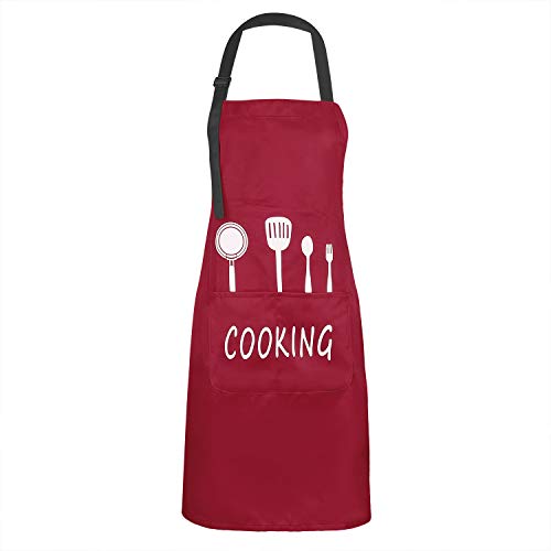 Delantal de Cocina Impermeable con Bolsillos Correa para el Cuello Ajustable Delantales Hombre Mujer Delantal Cocinero Mandil Cocina para Jardinería Restaurante Barbacoa Cocinar Hornear (Rojo)