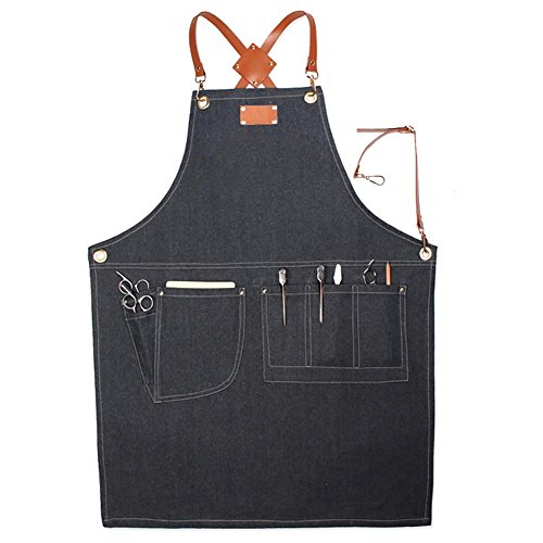 Delantal de Mezclilla,Delantal de Trabajo Multifuncional Ajustable con Bolsillos para Herramientas con Tiras Cuero Cruzadas para el Peluquero Pintor Artesanos Jardinero Peluquero Barista Anti-fouling