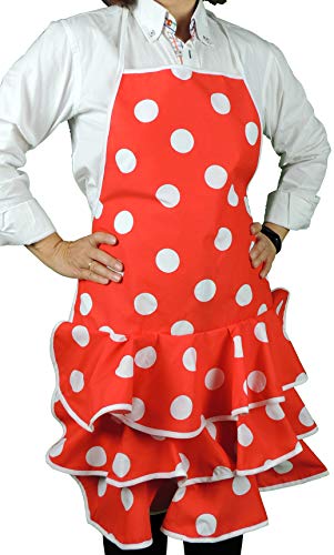 Delantal Flamenca Económico Color Rojo y Lunares Blancos Talla única de Adulto. Material Algodón y Poliéster.
