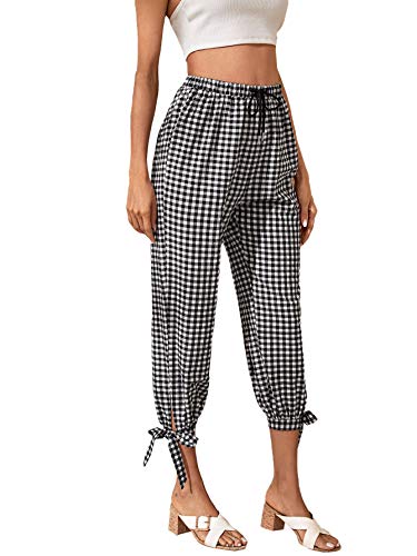 DIDK - Pantalones de cuadros para mujer, con lazo y cordón Negro
 M