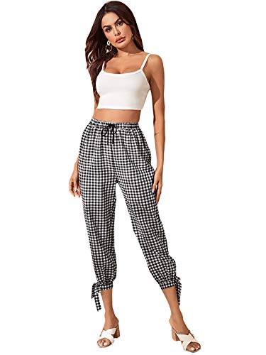DIDK - Pantalones de cuadros para mujer, con lazo y cordón Negro
 M