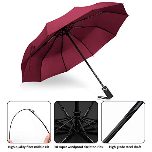 DORRISO Mujer Hombres Vogue Paraguas Plegable Automático Compacto Antiviento Impermeable Anti-UV 10 Varillas Reforzadas Sombrilla Rojo A