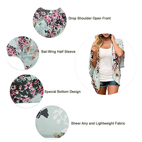 Durio - Kimono para mujer, blusa corta de verano para playa, ligera con flores azul marino L