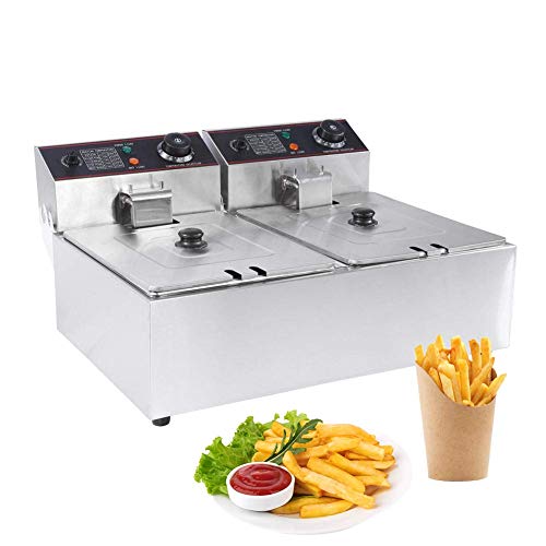 EBTOOLS 6L x 2 Doble Cilindro Profundo Freidora Eléctrica con Limitador de Temperatura Comercial Profesional Acero Inoxidable Estufa de freír (Enchufe de la UE)