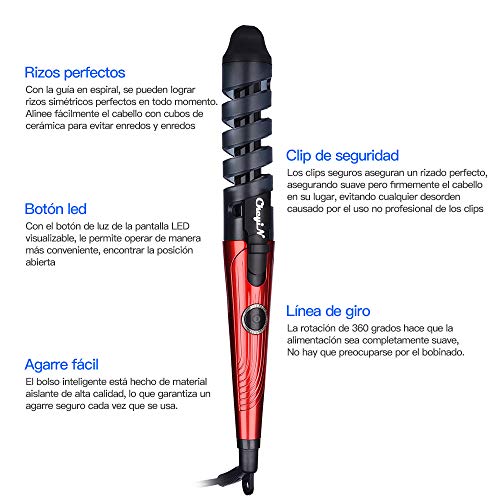 Eléctrica Rizador de Pelo de Cerámica Espiral Rodillos de Pelo Curling Iron Wand Salon Herramientas de Peinado de Cabello (Rojo)