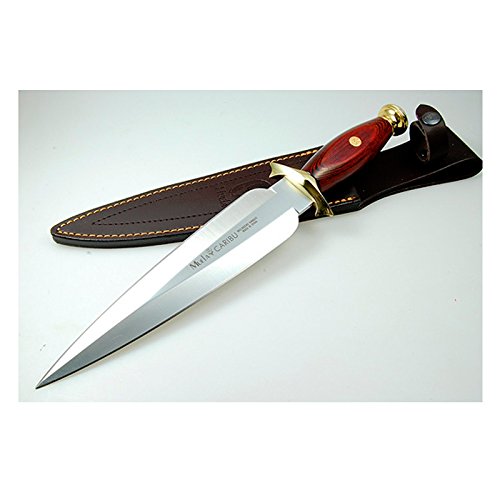 Electropolis Cuchillo de Caza Muela CARIBÚ, puño de Madera prensada Coral y latón, Peso 390 Gramos, Hoja de 20,5 cm + Tarjeta Multiusos de Regalo