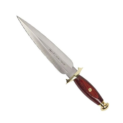 Electropolis Cuchillo de Caza Muela CARIBÚ, puño de Madera prensada Coral y latón, Peso 390 Gramos, Hoja de 20,5 cm + Tarjeta Multiusos de Regalo