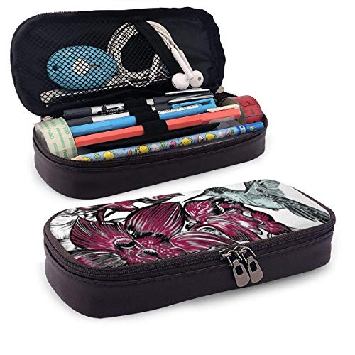 Estuche de cuero para bolígrafos y lápices Colibríes Orquídeas Flora Estuche para lápices con cremallera Portalápices para estudiantes Artistas Trabajo en casa Oficina