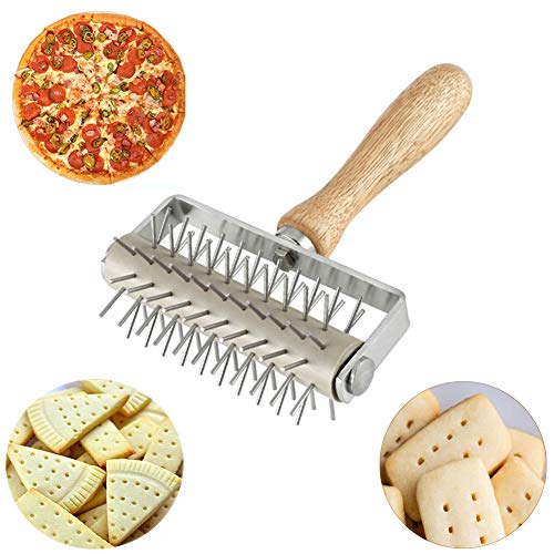 EVEDM - Rodillo de acero inoxidable para pizza con mango de madera, herramienta de acoplamiento para pizza y galletas, pastelería