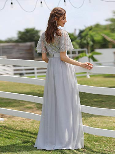 Ever-Pretty A-línea Cuello Redondo Vestido de Noche Encaje Manga Corta Largo para Mujer Gris 48