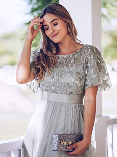 Ever-Pretty A-línea Cuello Redondo Vestido de Noche Encaje Manga Corta Largo para Mujer Gris 48