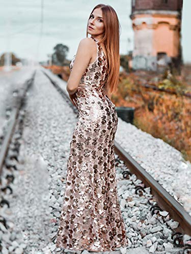 Ever-Pretty Vestido de Noche Lentejuelas Sirena Cuello en V sin Mangas Boda Ceremonia para Mujer Oro Rosa 40