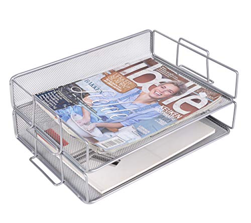 Exerz Bandeja Portadocumentos 2 piezas de malla - Apilable/bandeja oficina/Clasificador de papel/Escritorio Organizador multifuncional/Soporte de archivo Para oficina, escuela (Plata)