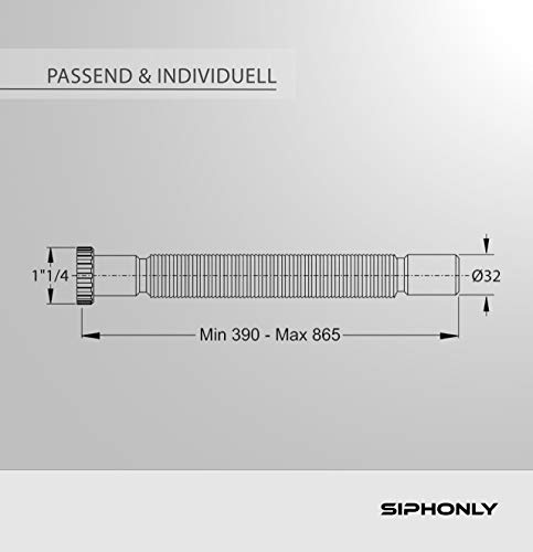 Famousbath® Sifón flexible 2,54 cm incluye manguito de goma NW 30/40/50 | Tubo de desagüe para lavabo | 32 mm de diámetro, montaje fácil sin herramientas, extensible de 390-865 mm