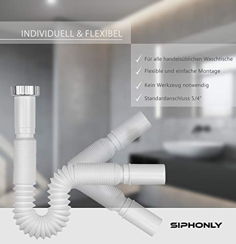 Famousbath® Sifón flexible 2,54 cm incluye manguito de goma NW 30/40/50 | Tubo de desagüe para lavabo | 32 mm de diámetro, montaje fácil sin herramientas, extensible de 390-865 mm