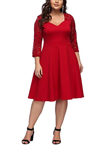 FeelinGirl Mujer Vestido de Noche Encaje Largo Traje Talla Extra Grande Cóctel de Manga Media Cuello V Cintura Alta Rojo XXL/Talla 48-50
