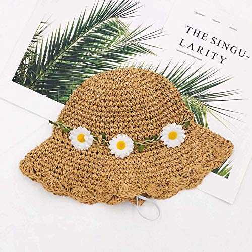 Flor Sombrero De Paja Tejido a Mano Sombrero De Verano para Niños Arco Protector Solar De ala Corta Sombrero para El Sol S: 48-50cm /Flores Beige
