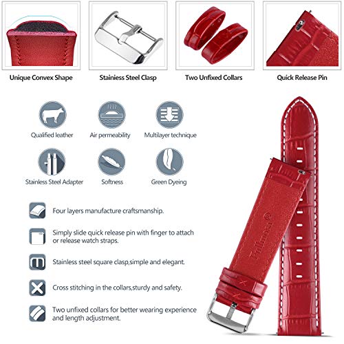 Fullmosa Bambu Piel Correa,7 Colores para Correa/Banda/Pulsera/Strap de Reloj Huawei/Samsung/Recambio/Reemplazo 18mm 20mm 22mm 24mm,Rojo 22mm