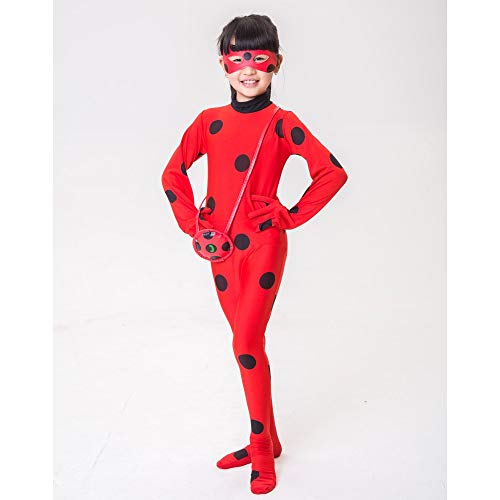 FZCRRDU KOCCAE Disfraz de Mariquita Milagrosa Para Niña Halloween Ladybug Viste a Cosplay Leotardo Bodysuit Con Lunares Niños Disfraz Heroína Super Bug Mariquita Niña Infantil Para Carnaval(M)