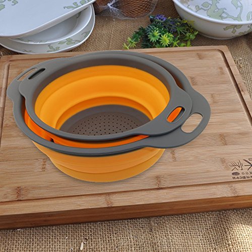 GCBTECH Colador de cocina plegable, 2 piezas de silicona Filtro Pasta verduras fruta Cesta para cocina y camping (Naranja)