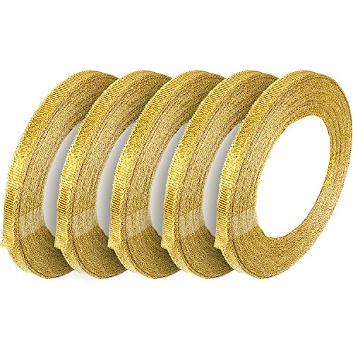 Gejoy 5 Rollos 0,24 Pulgada Cinta Brillante Cinta Metálica para Artesanos Embalaje de Regalo Decoración Manualidades (Cintas Doradas)
