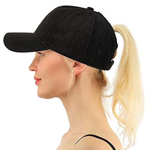Gorros Mujeres Denim Cola De Caballo Desordenado Bollos Camionero Sencillos Ponycap Gorra Gorra Lisa De Béisbol Gorra B Caps Estilo (Color : Negro, Size : One Size)