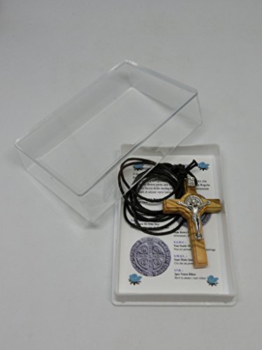 GTBITALY 10.028.90 LACSCA Cruz San Benito de madera de olivo con collar de 4,5 cm con caja de regalo y oración en italiano