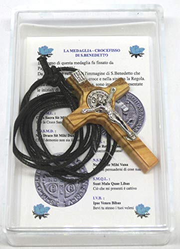 GTBITALY 10.028.90 LACSCA Cruz San Benito de madera de olivo con collar de 4,5 cm con caja de regalo y oración en italiano