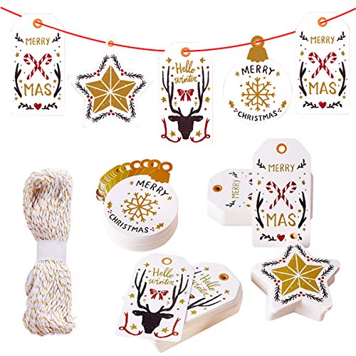 Gudotra 200 Piezas Etiquetas Dorado Navidad Decoración Colgante de Dorado Navidad Adornos + 30 Metros Cordón de Algodón Dorado