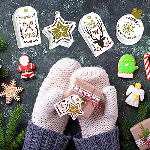 Gudotra 200 Piezas Etiquetas Dorado Navidad Decoración Colgante de Dorado Navidad Adornos + 30 Metros Cordón de Algodón Dorado