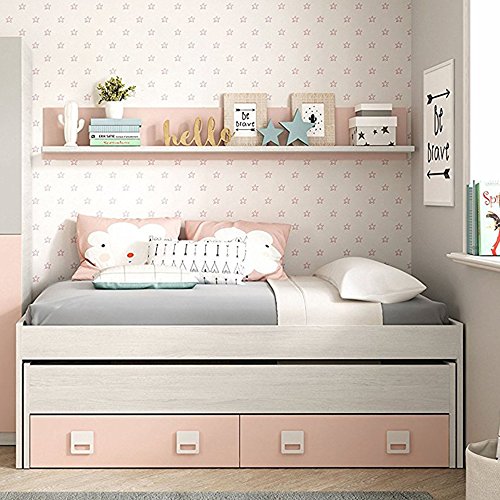 Habitdesign 0M7449Y - Cama Doble + 2 cajones y un Estante, Acabado en Blanco Alpes y Rosa Pastel, Medidas: 199 cm (Largo) x 96 cm (Ancho) x 69 cm (Alto)