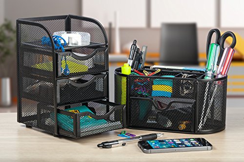 Halter - Organizador de escritorio de malla de acero, 2 piezas, organizador ovalado de escritorio y organizador con 3 mini cajones, color negro
