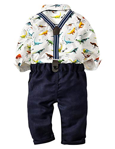 Happy Cherry -Bebé Ropa de Bautizo Niño Conjuntos de Boda Invierno Traje de Ceremonia Infantil Camisa Mangas Largas Dinosaurio Pantalones de Petos Pajarita - 12-18 Meses - Blanco