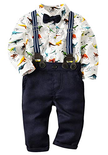 Happy Cherry -Bebé Ropa de Bautizo Niño Conjuntos de Boda Invierno Traje de Ceremonia Infantil Camisa Mangas Largas Dinosaurio Pantalones de Petos Pajarita - 12-18 Meses - Blanco