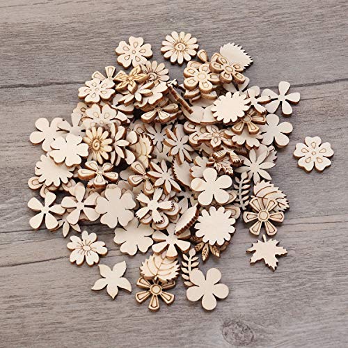 Healifty - 100 piezas de madera con forma de hoja de flor, para rebanadas de madera en blanco, para manualidades, álbumes de recortes, adornos de 20 mm (patrón mezclado)