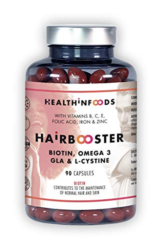 Healthinfoods Cabello Piel Uñas.Biotina,Omega 3,Zinc,GLA,L Cistina,Hierro,Vitaminas. Fórmula Hairbooster Anticaída para Potenciar el Crecimiento y Fortalecimiento de Pelo,Uñas y Piel. 90 Cápsulas.GMP.