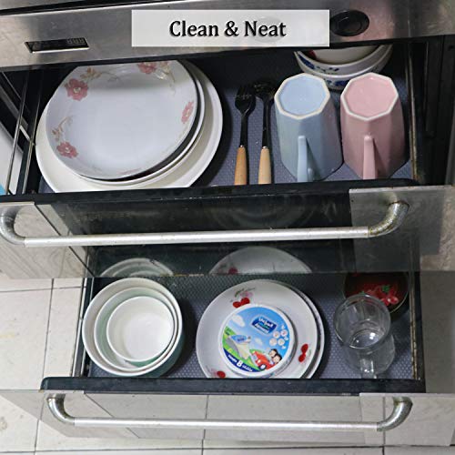 Hersvin 30cmx150cmx3 Rollos Plastico Protector para Cocina Cajones, Alfombras Antideslizante Non Adhesivo para Nevera Mueble Fregadero Estante Organizador Cubiertos Cubre Encimera(Gris Oscuro/Punto)