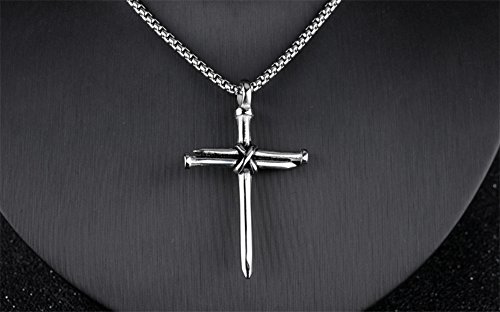 HIJONES Hombres De Acero Inoxidable Clavo Cruz Encanto Colgante Collar Cadena 22 Pulgadas, Plata Pulida